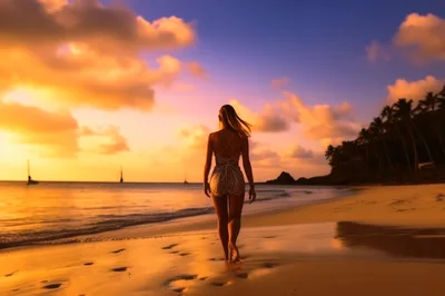 Woman Walking Along Tropical Beach At Sunset