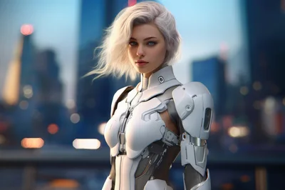 Portrait Of A Futuristic Cyborg Woman In White Armor