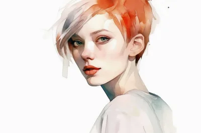 Watercolor Portrait Of A Young Woman With Short Hair
