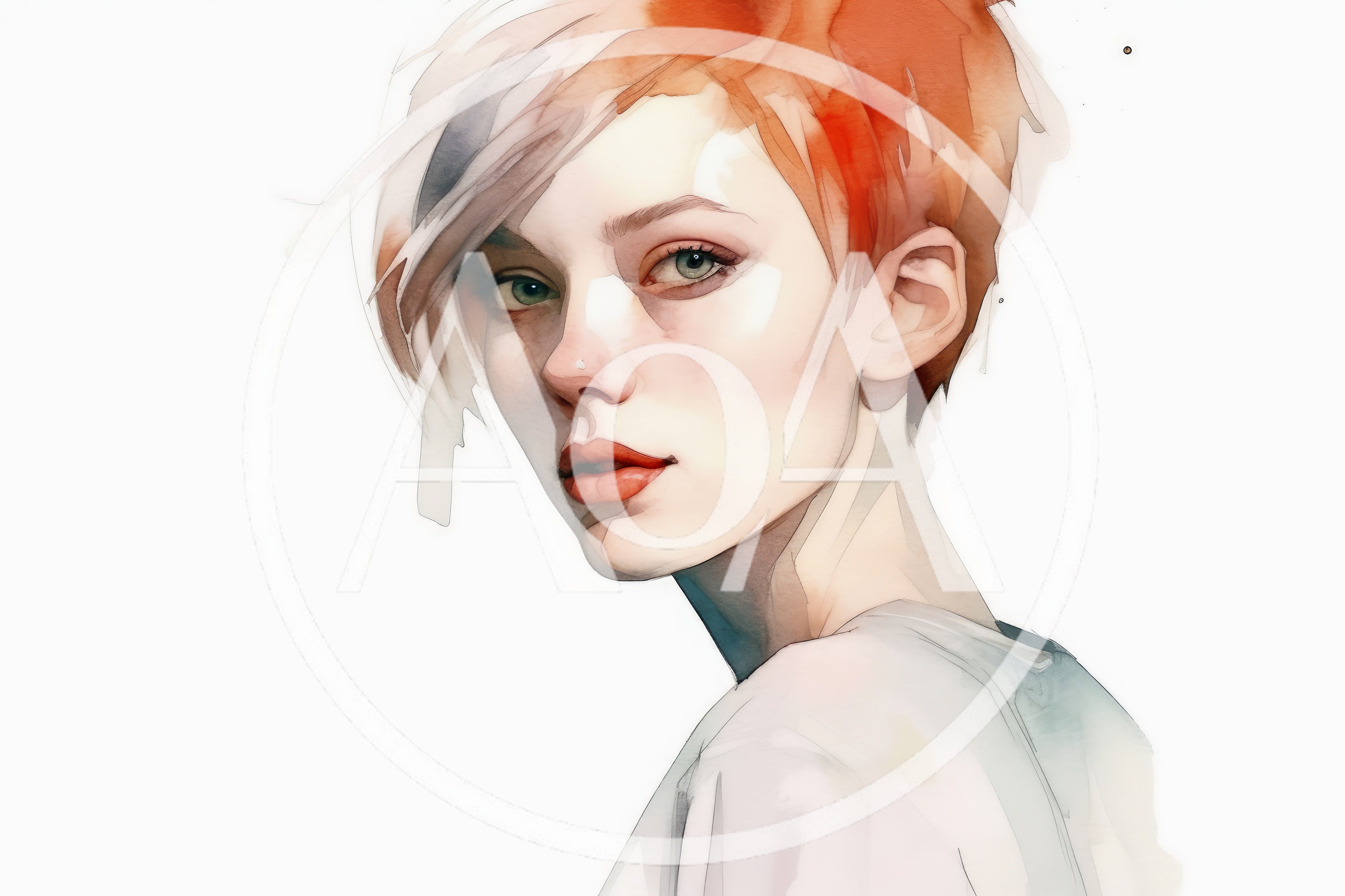 Watercolor Portrait Of A Young Woman With Short Hair