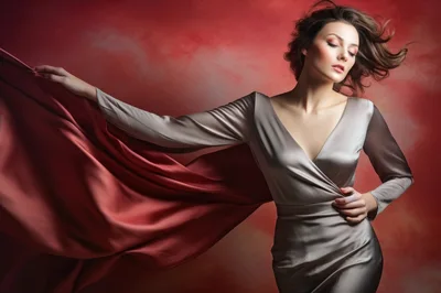 Elegant Woman In Silver Silk Dress Posing Against Red Background