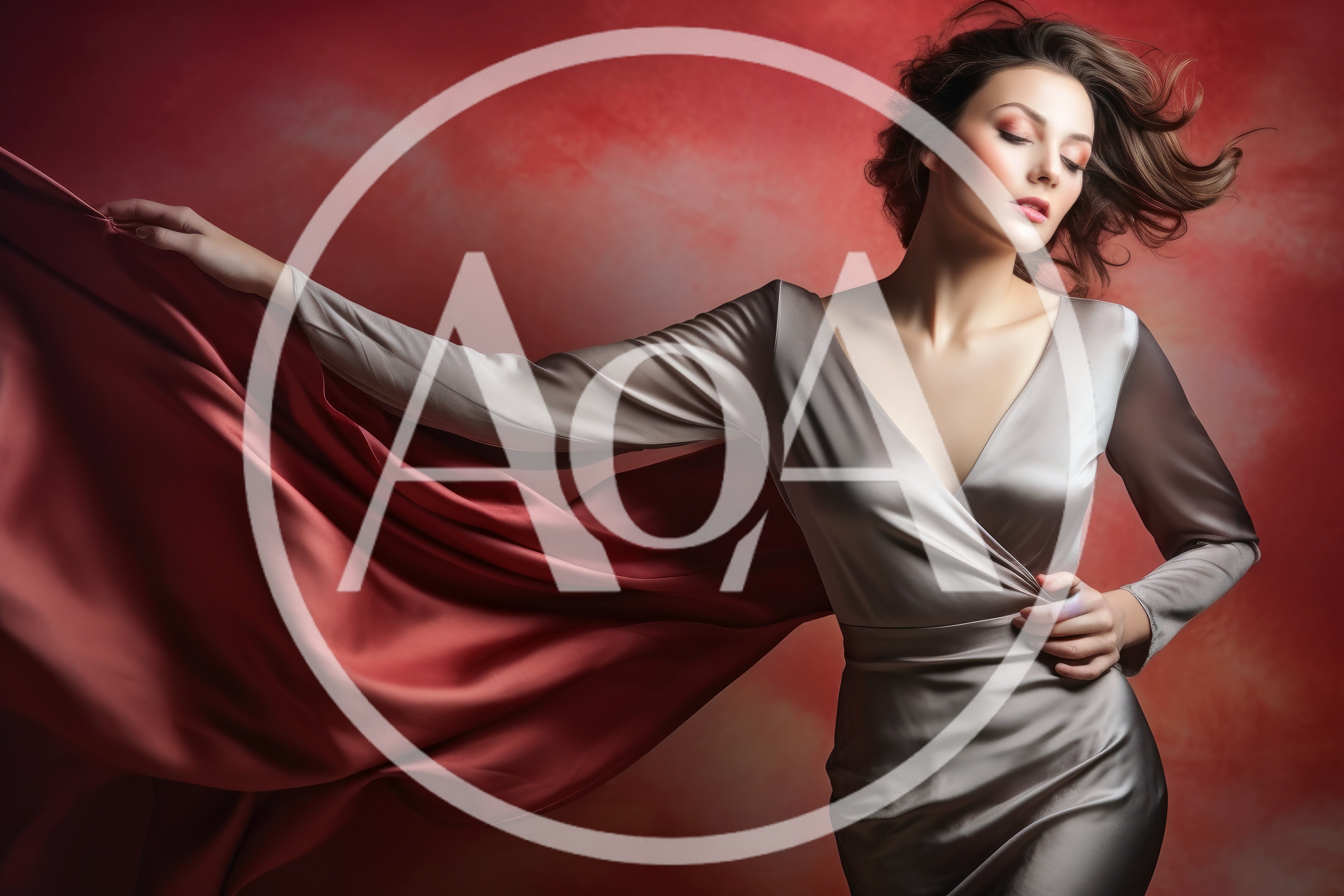 Elegant Woman In Silver Silk Dress Posing Against Red Background