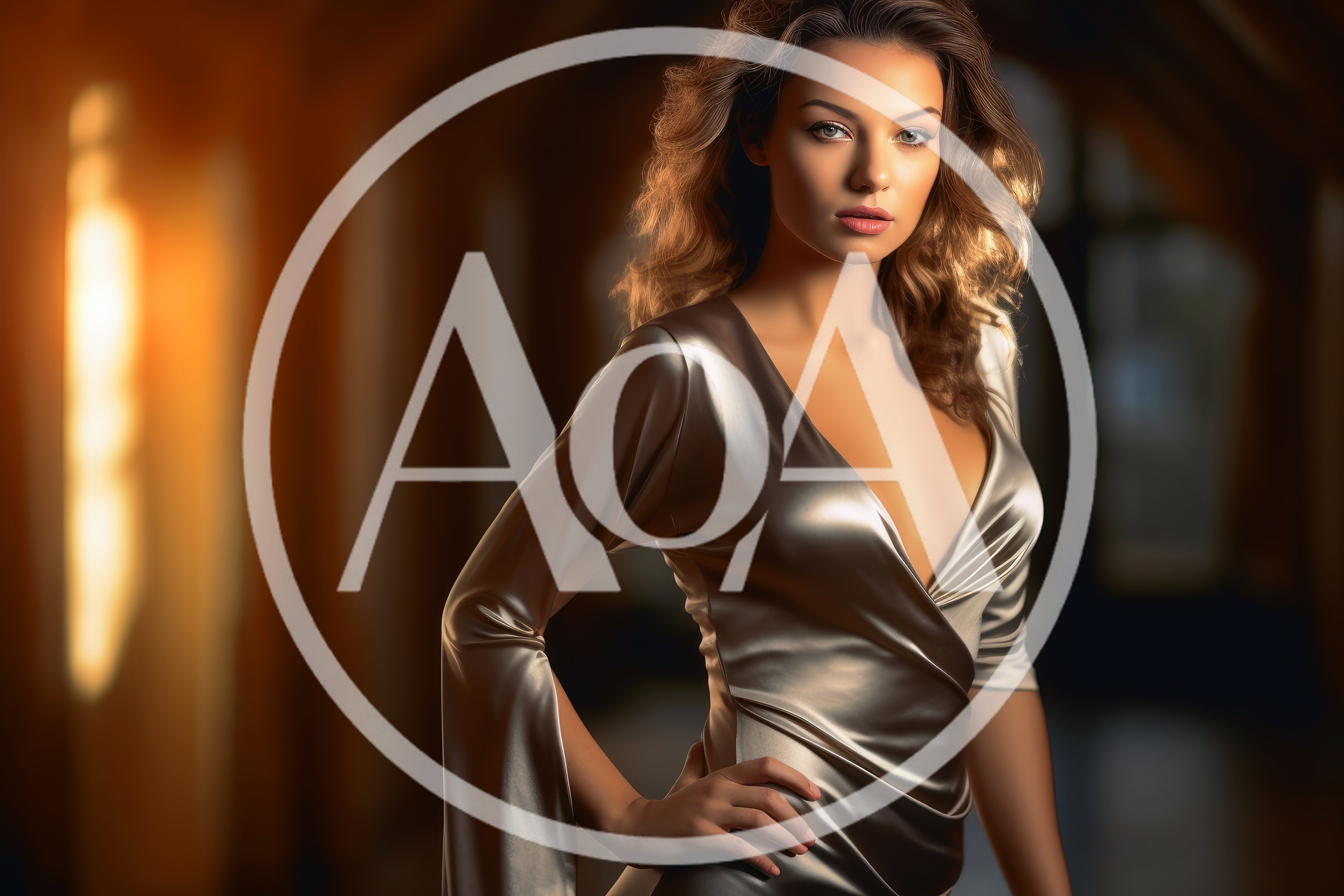 Elegant Woman In Metallic Silk Dress Posing Indoors