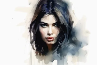 Watercolor Portrait Of A Young Woman With Dark Hair