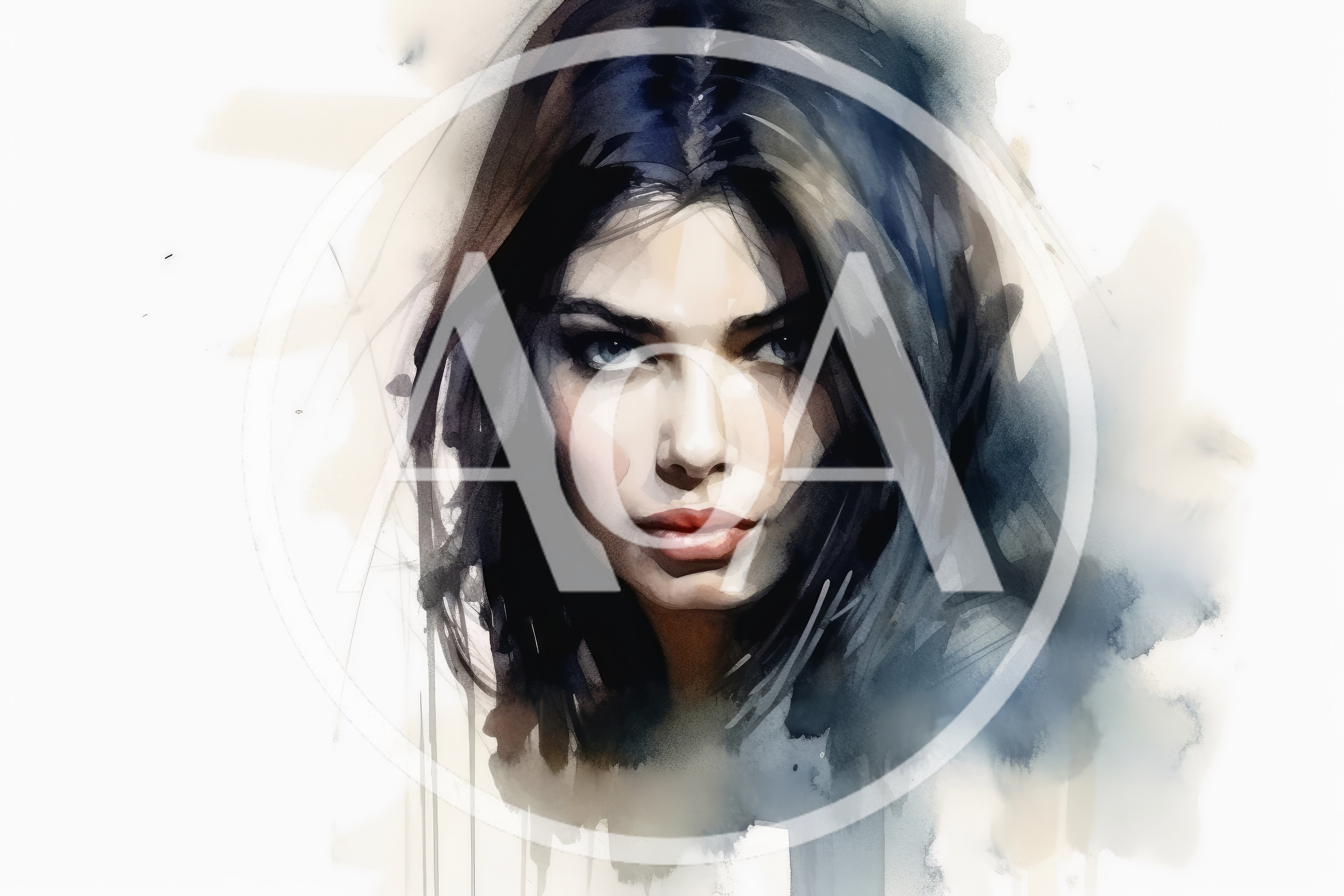 Watercolor Portrait Of A Young Woman With Dark Hair