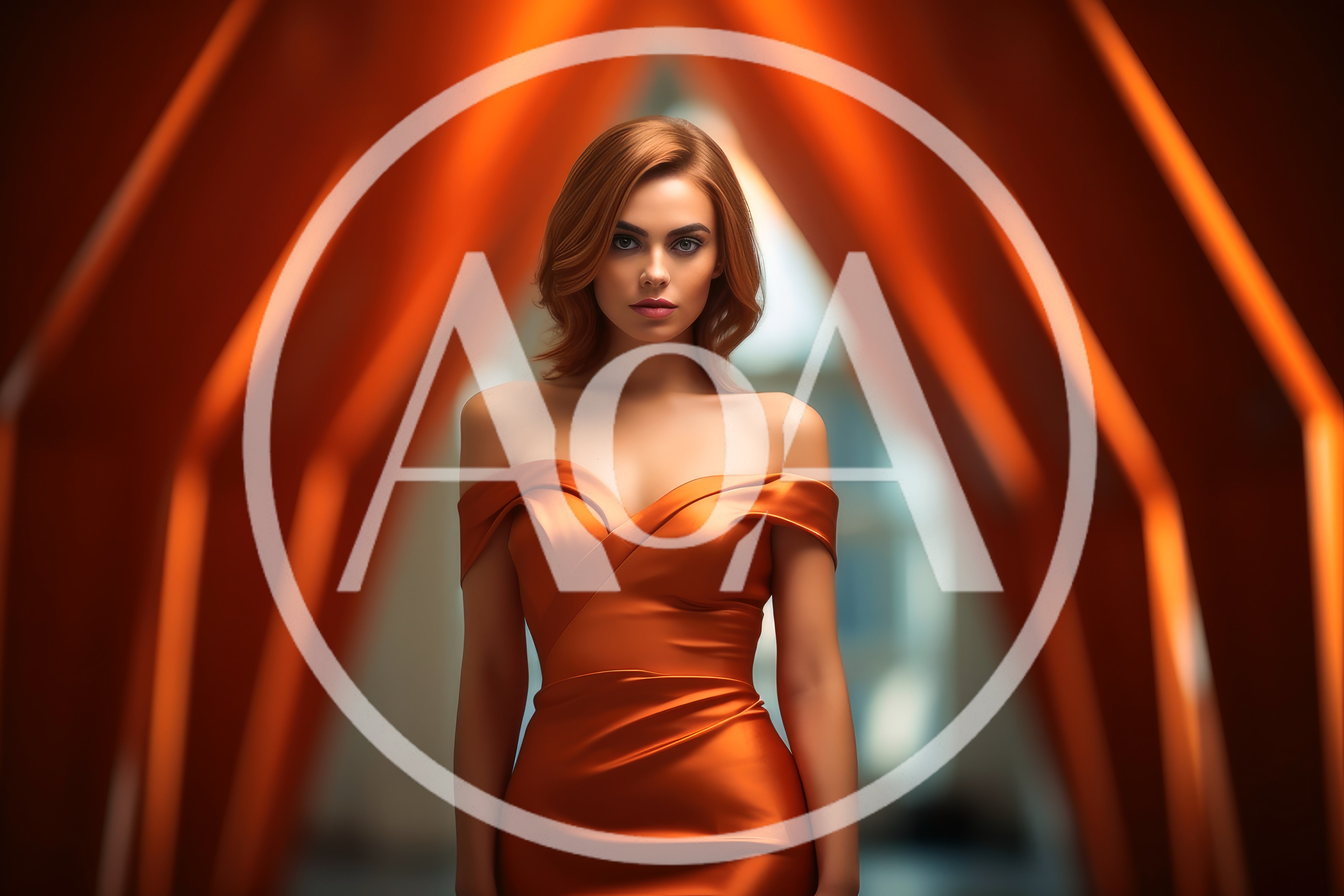 Elegant Woman In Orange Satin Dress Standing In Corridor