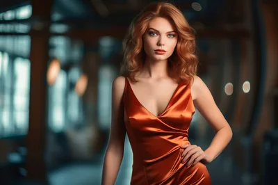 Elegant Woman In Satin Dress Posing In Modern Interior