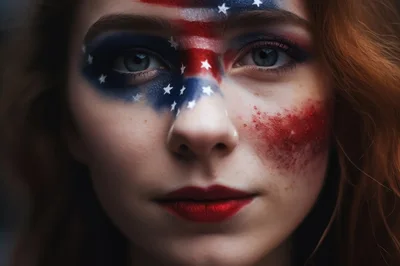 Close Up Portrait Of Woman With American Flag Makeup