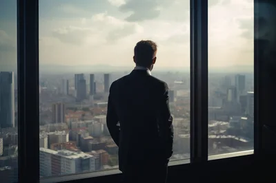 Businessman Looking Out Of Office Window At Cityscape