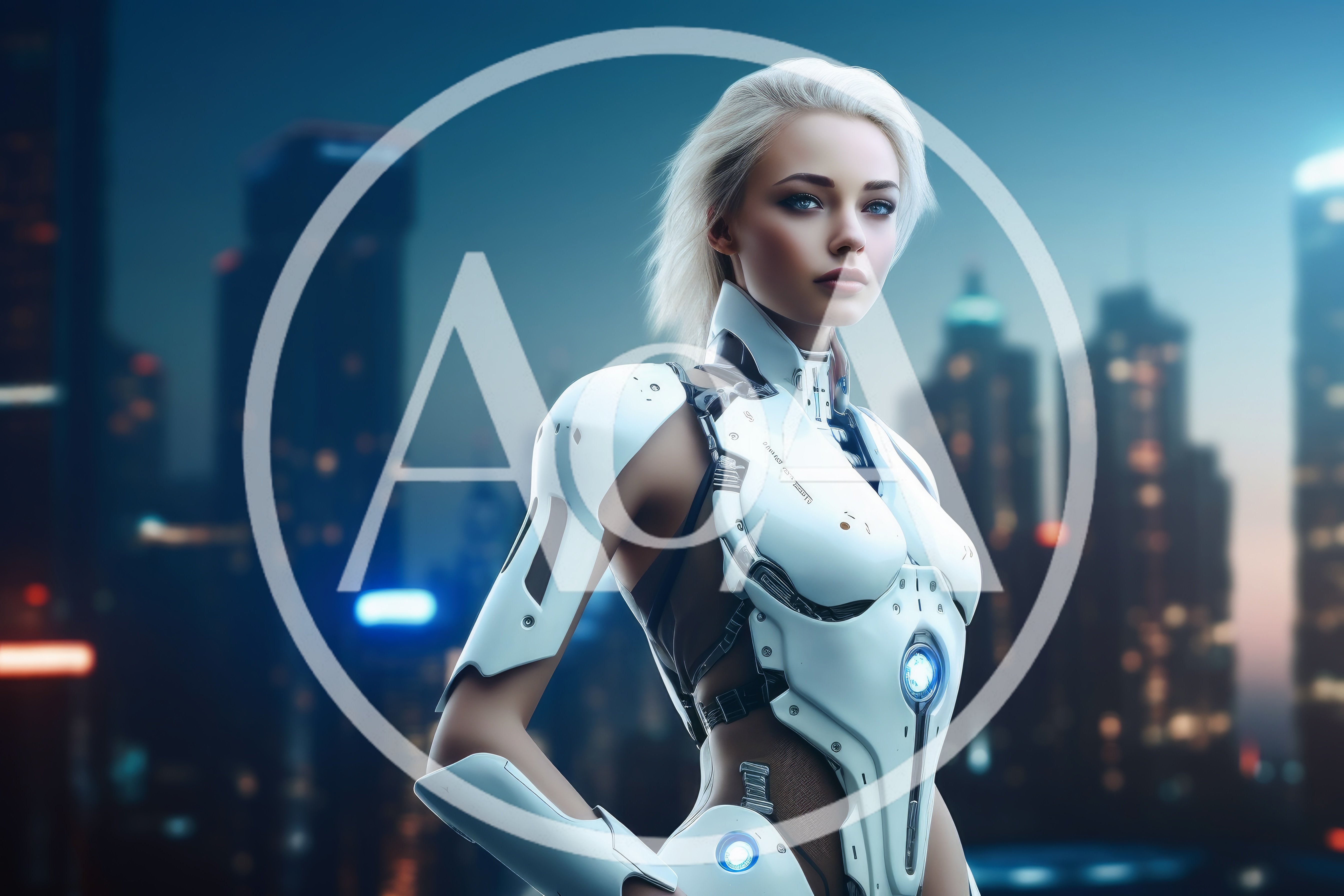 Futuristic Female Cyborg Standing In A Cyberpunk City