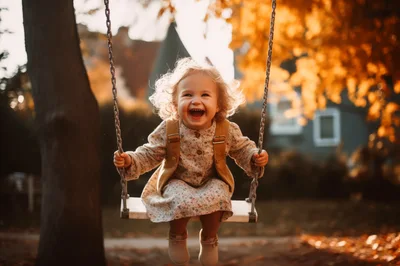 Happy Toddler Girl Swinging Outdoors in Autumn