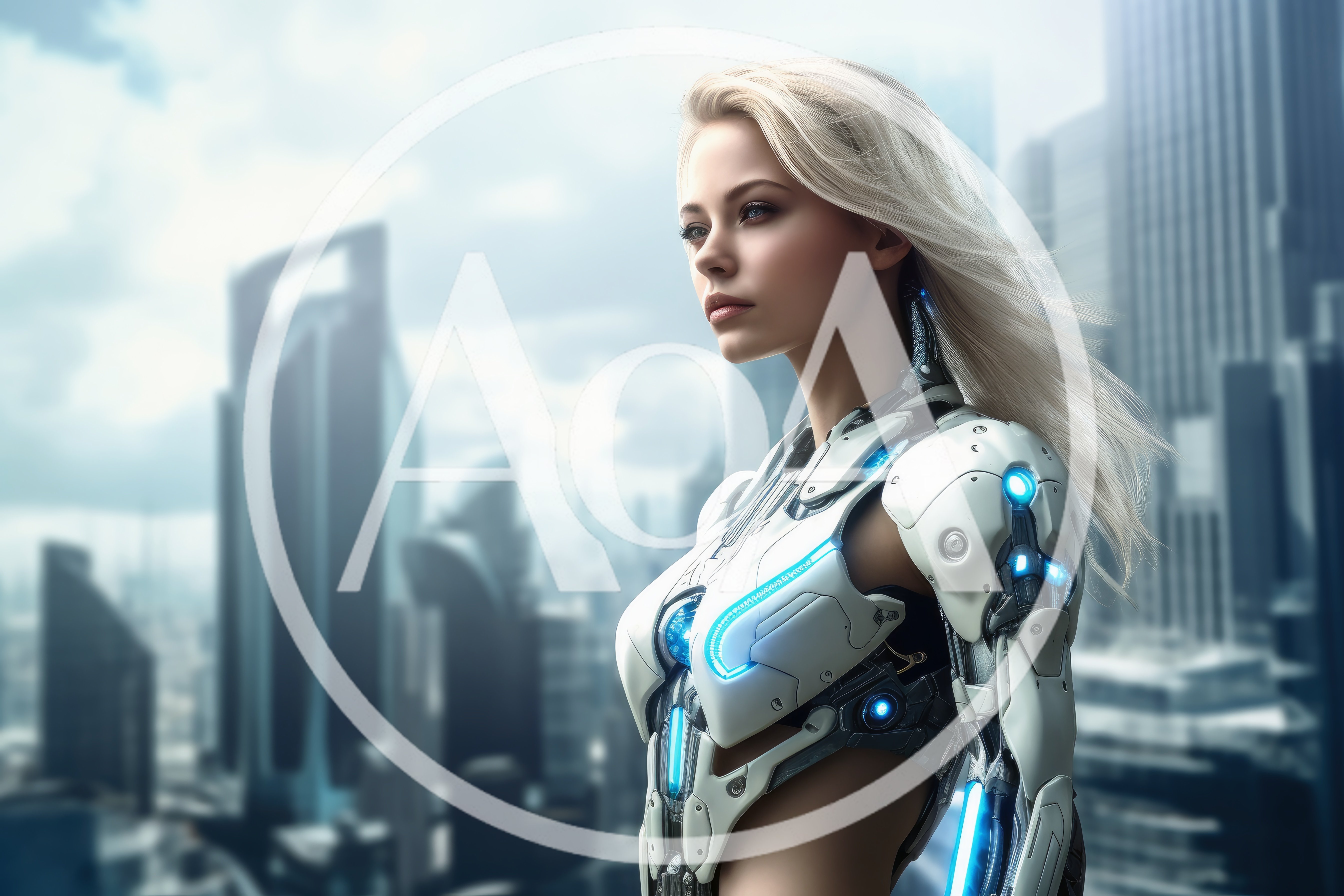 Futuristic Blonde Cyborg Woman Standing In Cyberpunk City