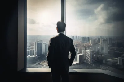 Businessman Looking Out Of Office Window At Cityscape