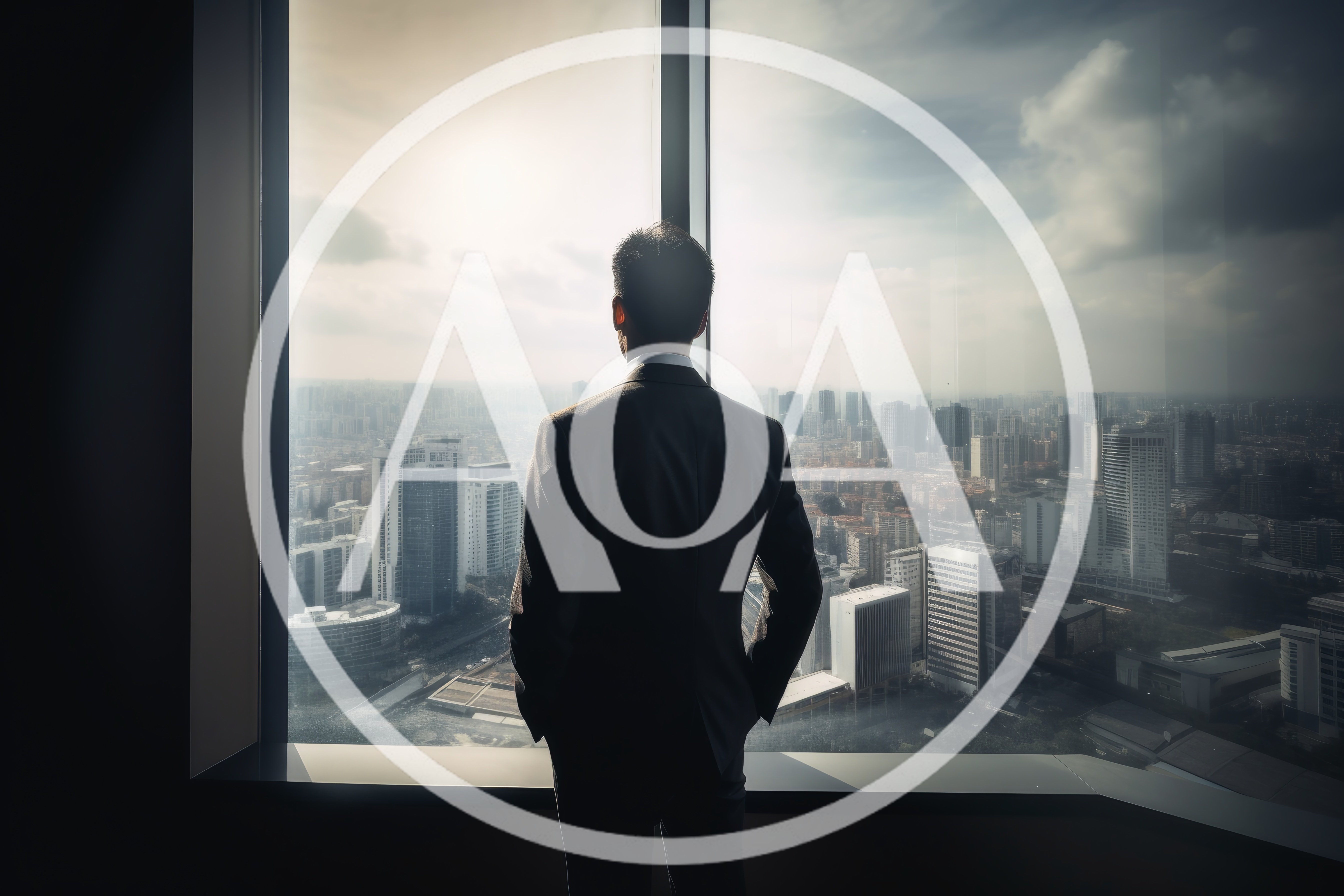 Businessman Looking Out Of Office Window At Cityscape