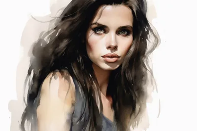 Watercolor Portrait Of A Young Woman With Dark Hair