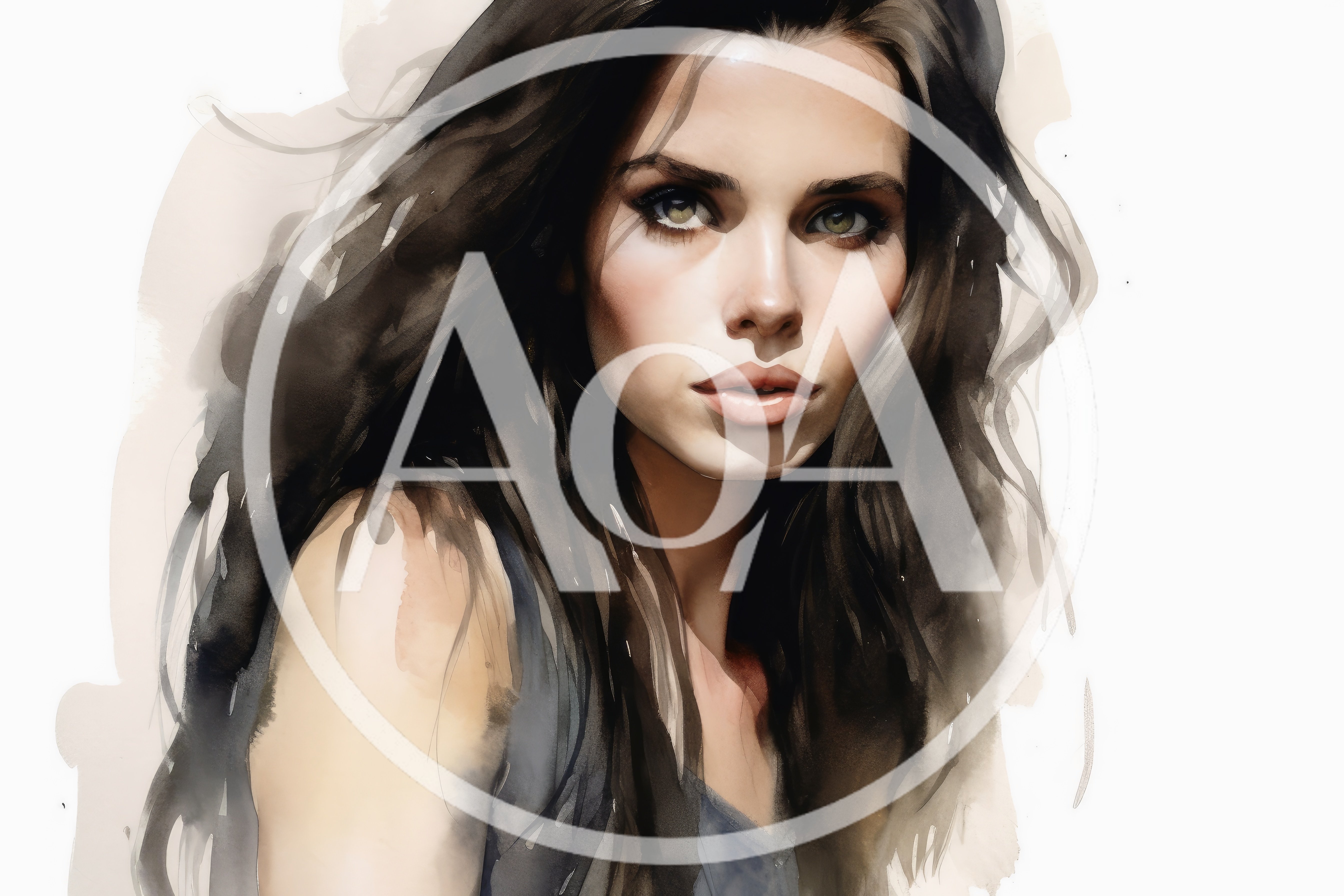 Watercolor Portrait Of A Young Woman With Dark Hair