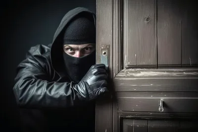 Burglar Wearing Balaclava Peeking Through A Wooden Door