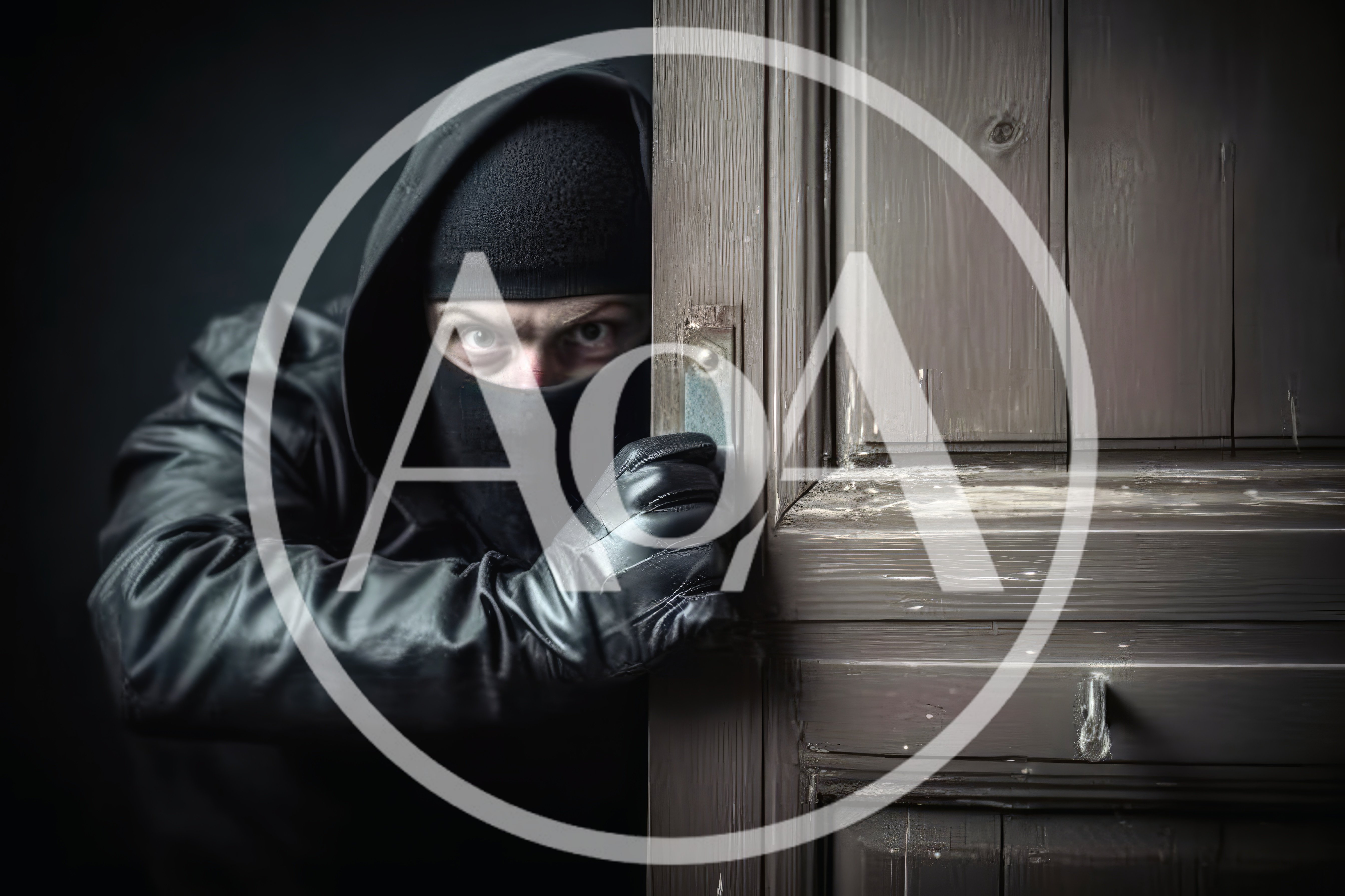 Burglar Wearing Balaclava Peeking Through A Wooden Door