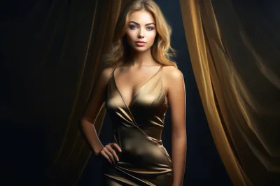 Elegant Blonde Woman In Gold Satin Evening Dress