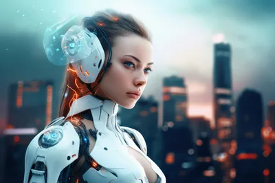 Cybernetic Woman With Futuristic Headset In Urban Setting