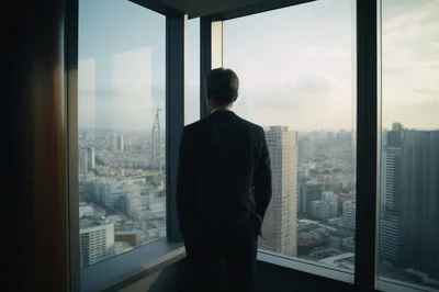 Businessman Looking Out Of Office Window At Cityscape