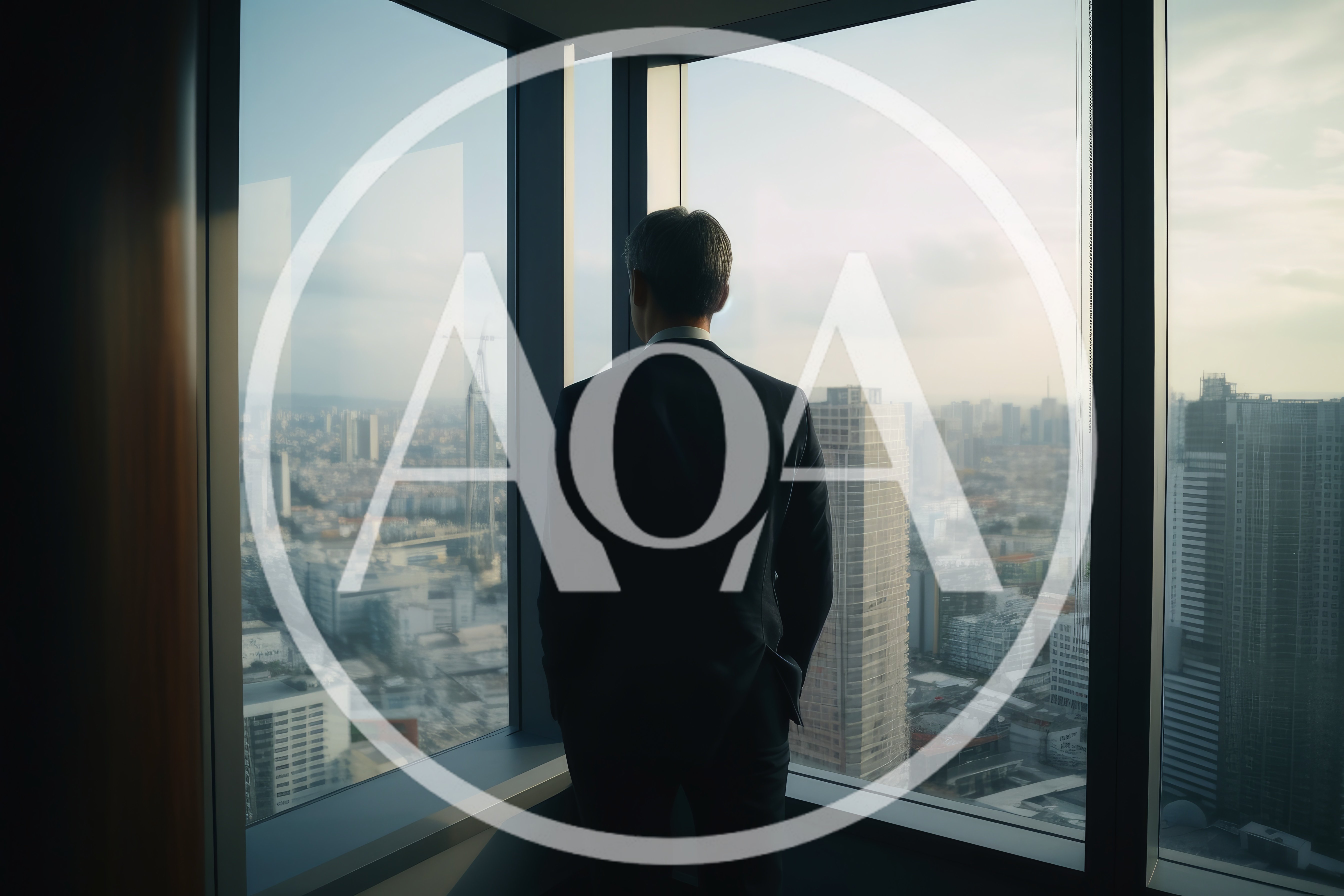 Businessman Looking Out Of Office Window At Cityscape