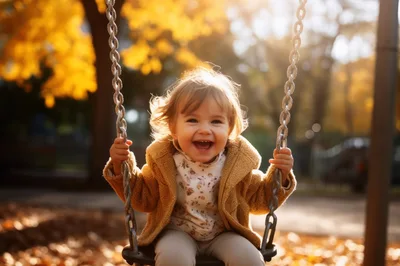 Happy Toddler Girl Swinging In Autumn Park