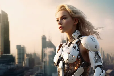 Cyborg Woman Standing Against A Futuristic City Skyline