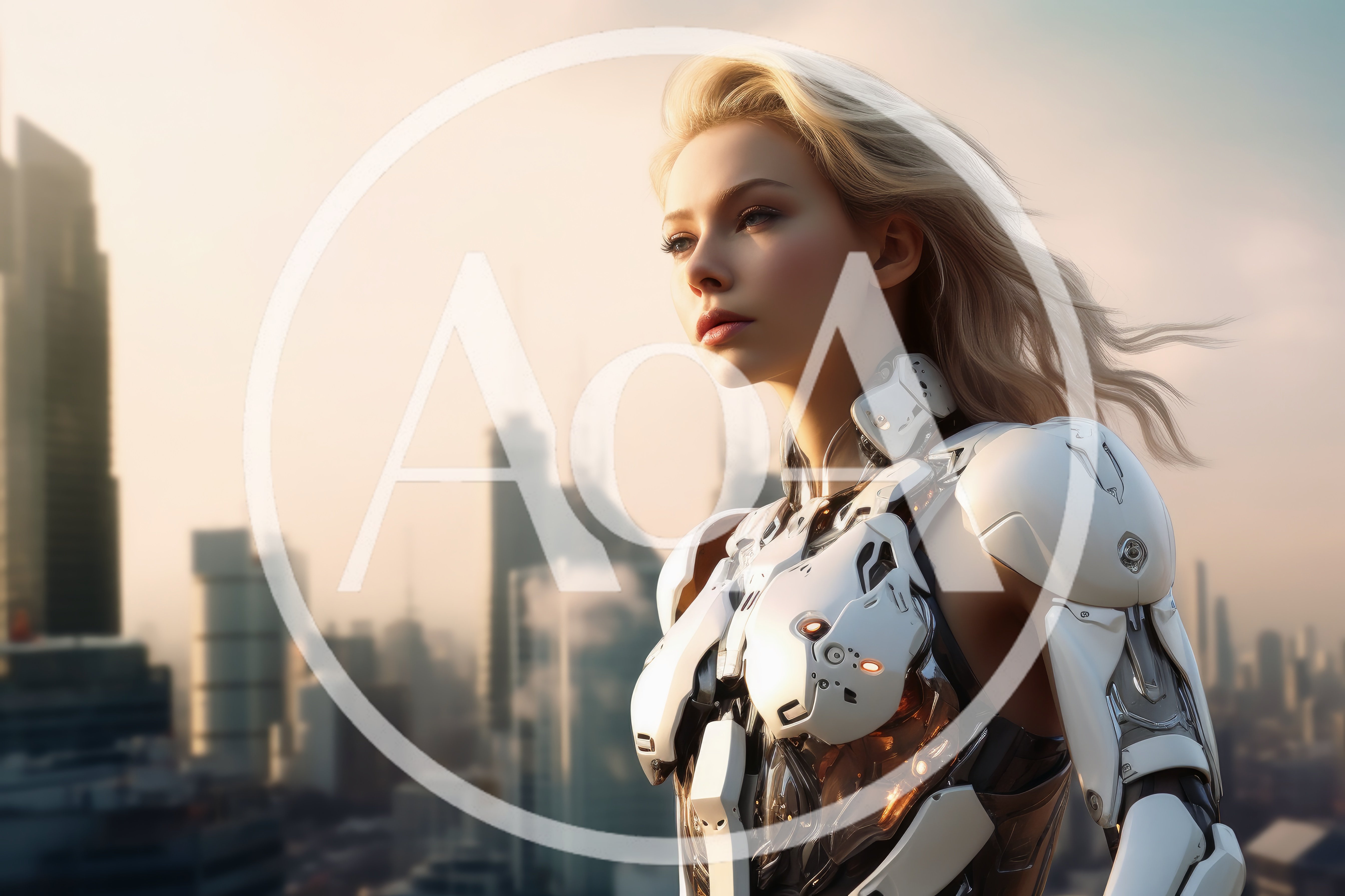 Cyborg Woman Standing Against A Futuristic City Skyline