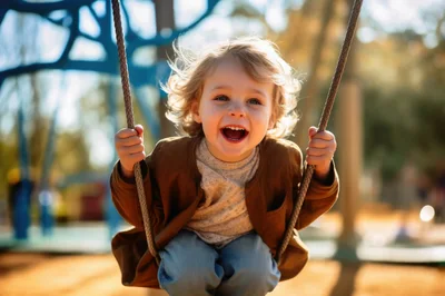 Happy Toddler Boy Swinging on Playground Swing