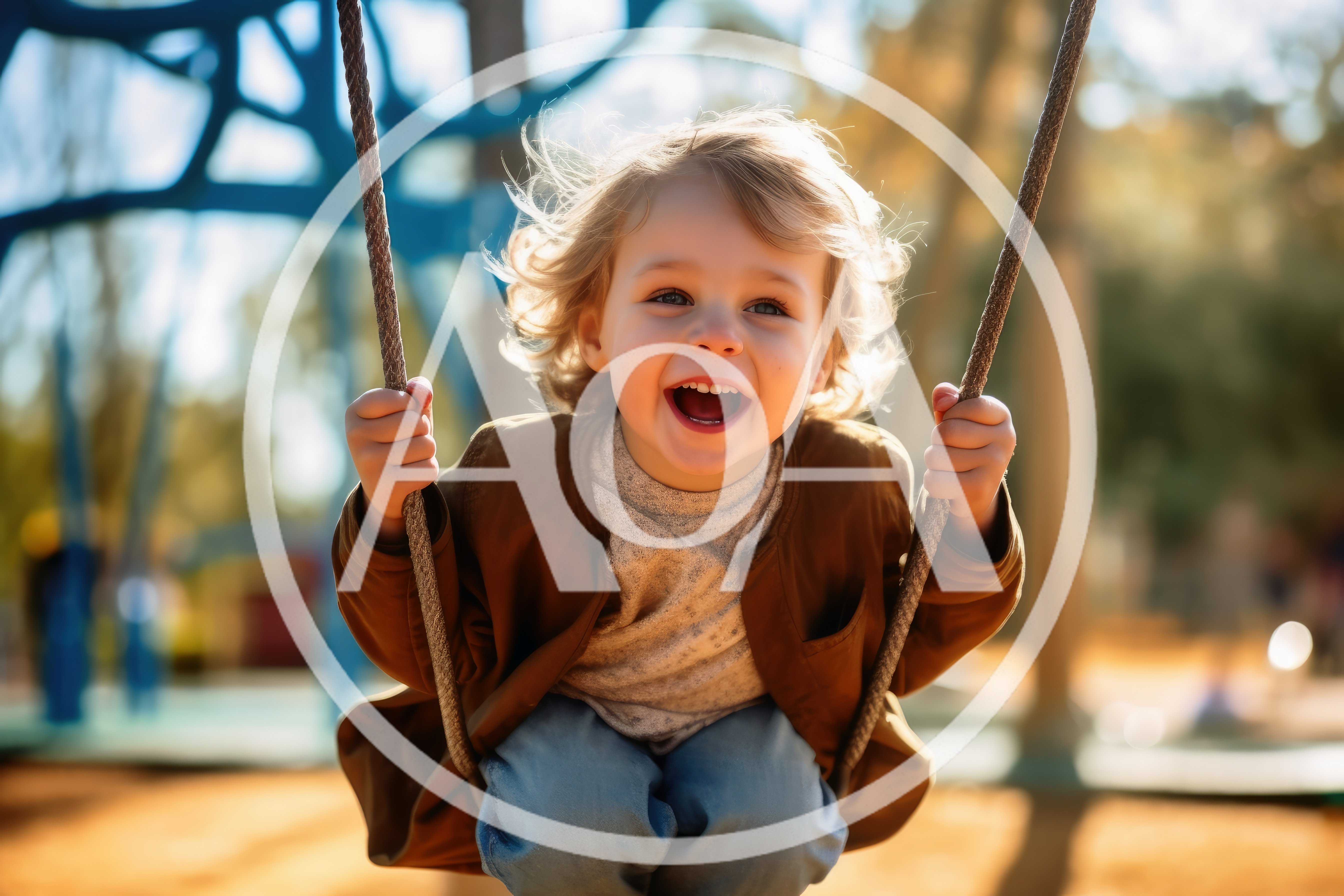 Happy Toddler Boy Swinging on Playground Swing