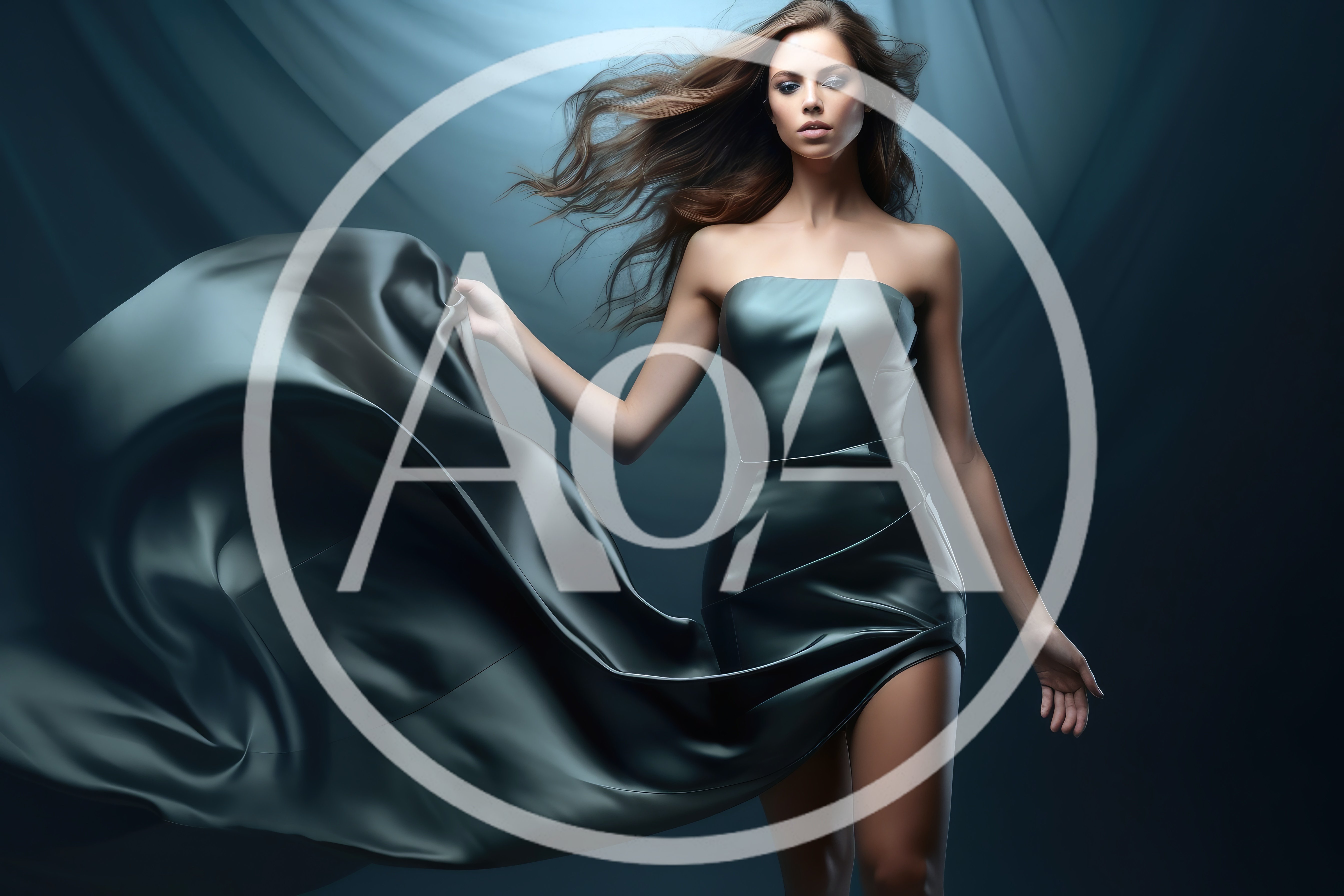 Fashion Model Posing In Flowing Satin Evening Gown