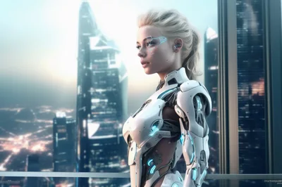 Cyborg Woman Standing Before Futuristic City Skyline