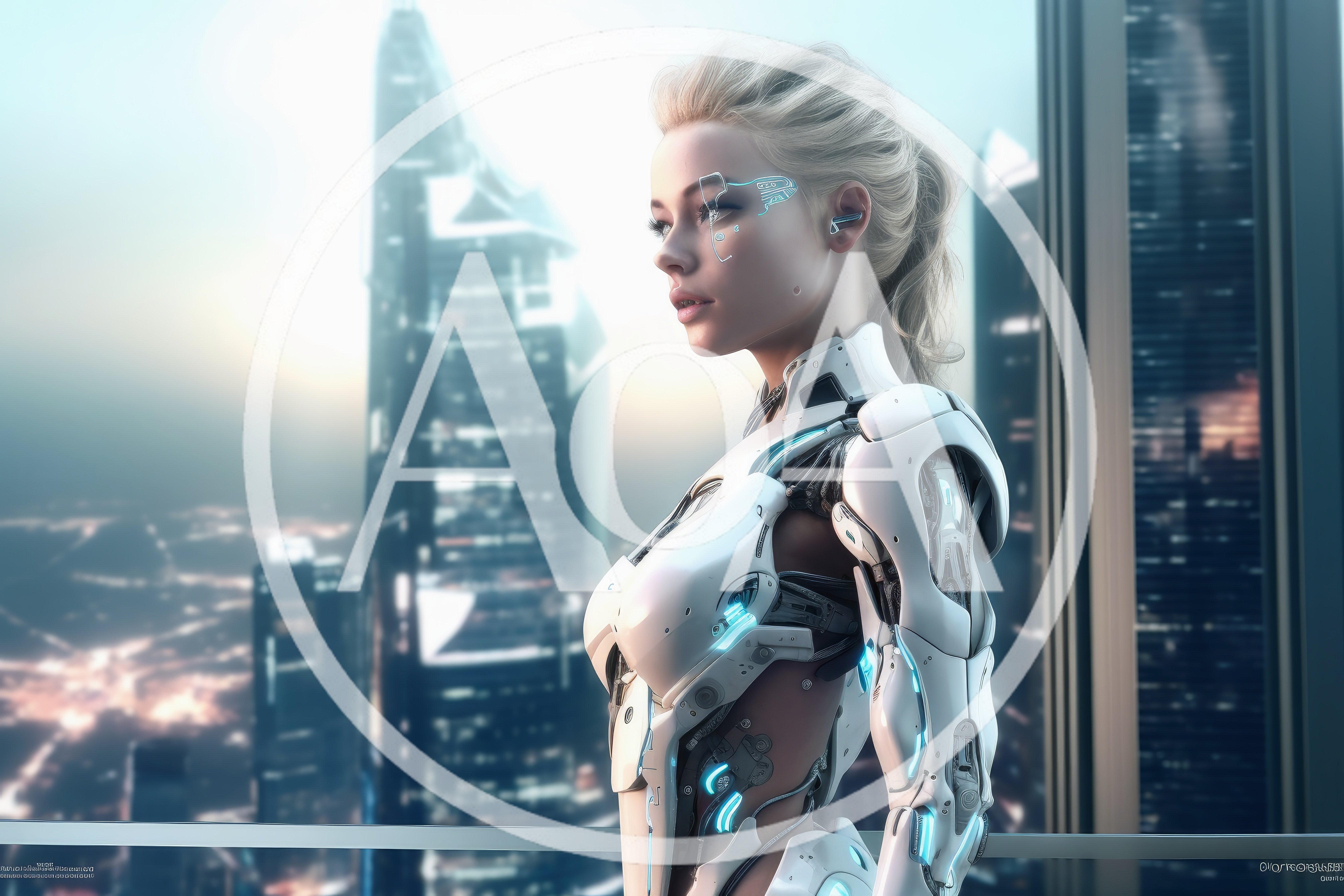 Cyborg Woman Standing Before Futuristic City Skyline