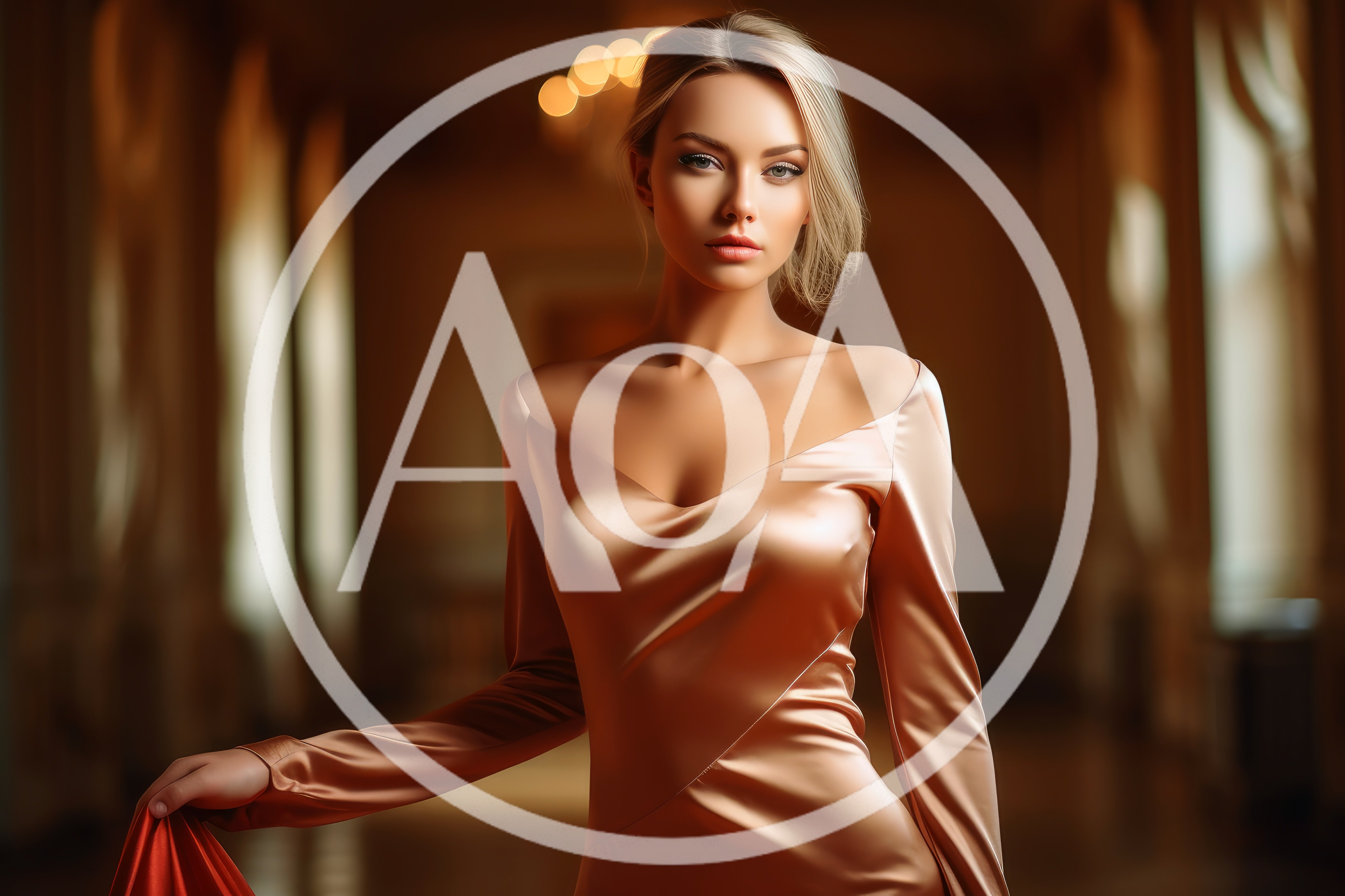 Elegant Blonde Woman In A Golden Silk Evening Gown