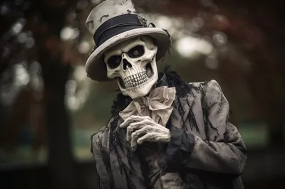Skeleton Dressed In Victorian Attire With Top Hat