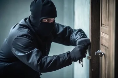Burglar In Balaclava Picking A Door Lock