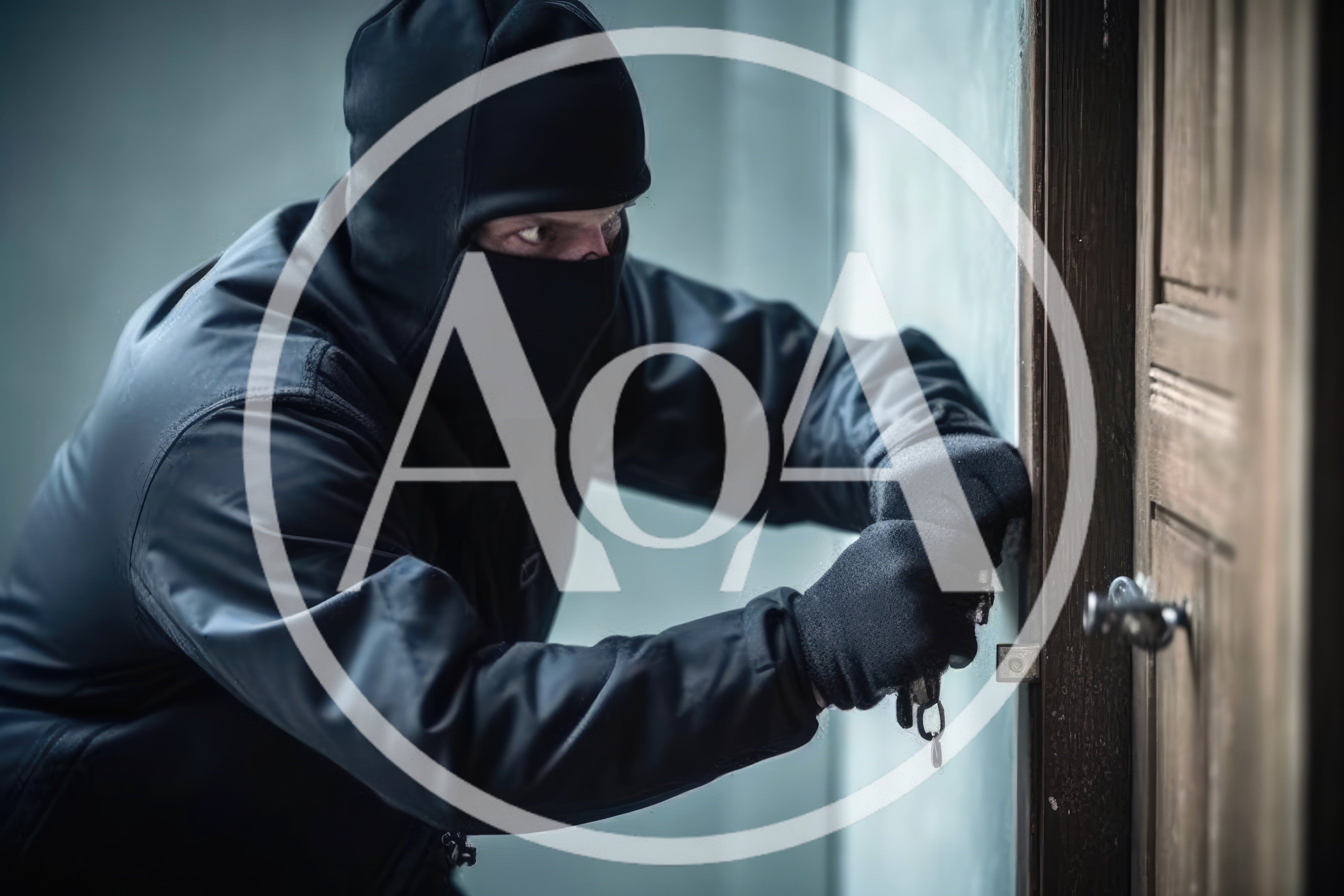 Burglar In Balaclava Picking A Door Lock