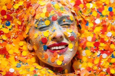 Woman Covered In Colorful Confetti And Powder