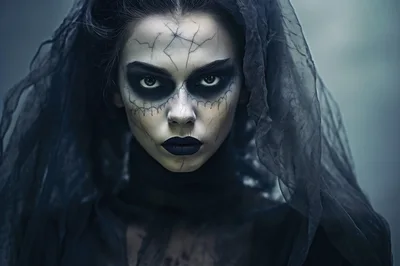 Gothic Woman With Cracked Face Makeup And Black Veil