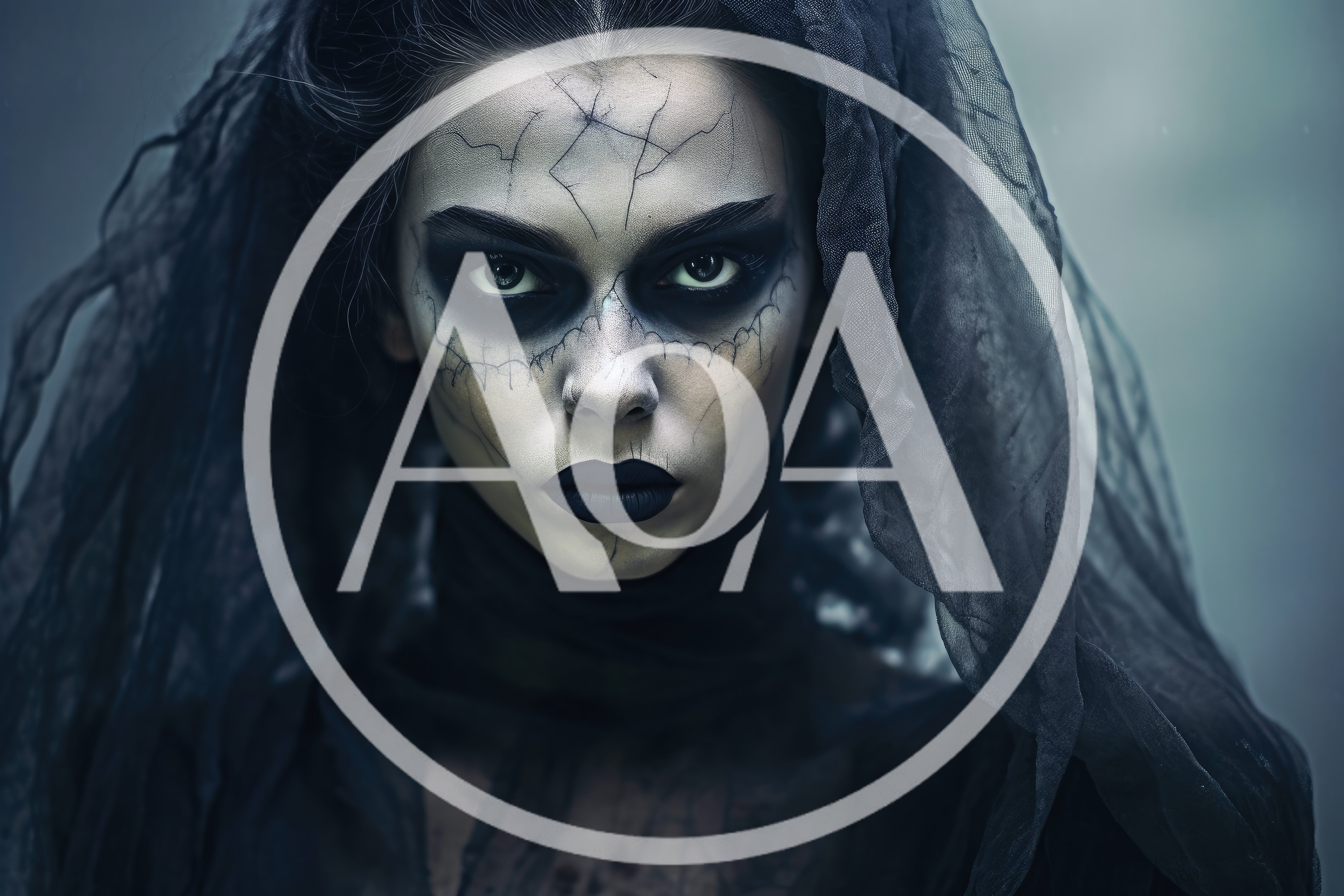 Gothic Woman With Cracked Face Makeup And Black Veil
