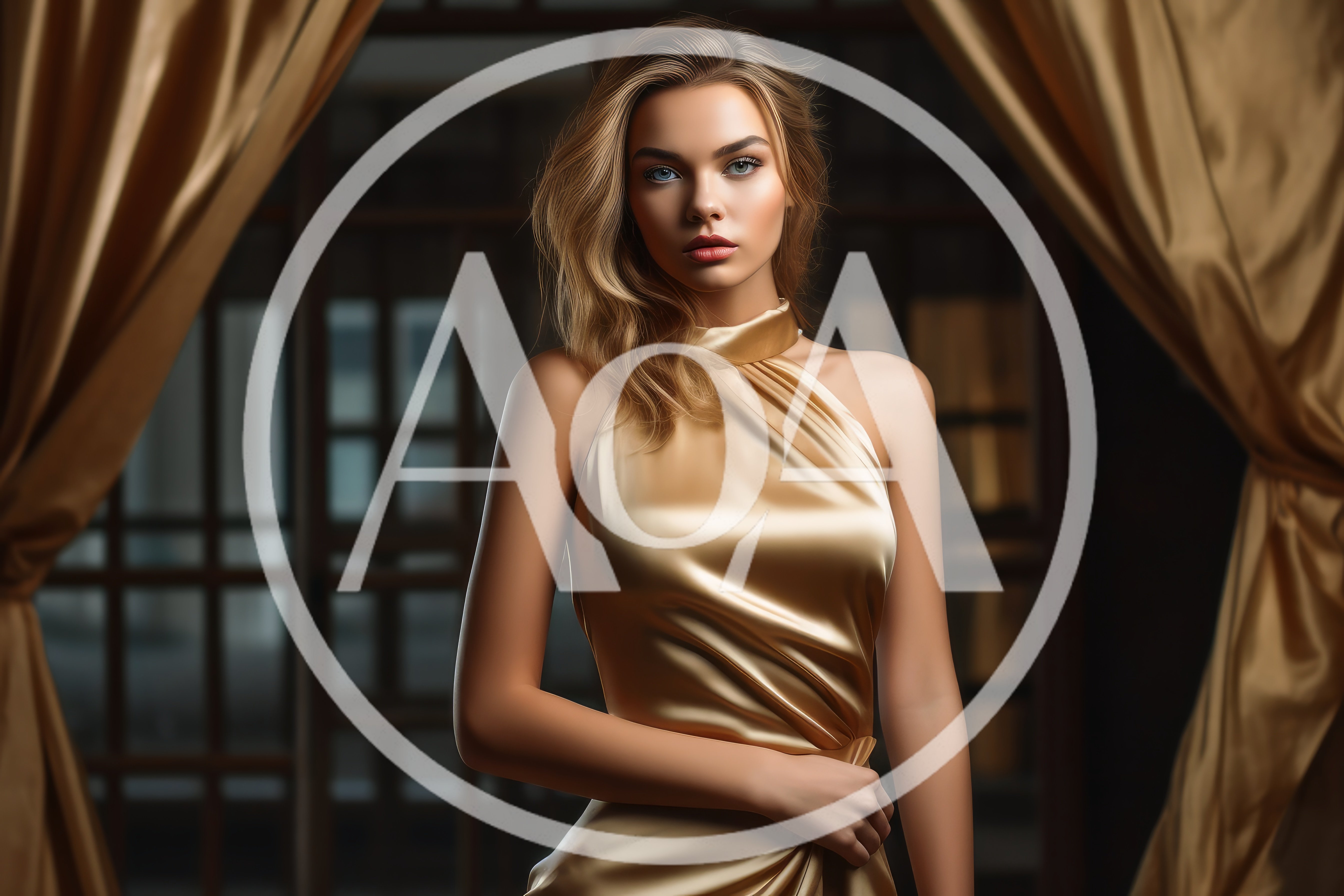 Elegant Woman In Gold Satin Dress Standing Between Curtains