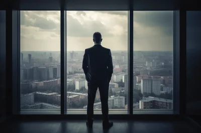 Businessman Standing Before Large Office Window Overlooking City