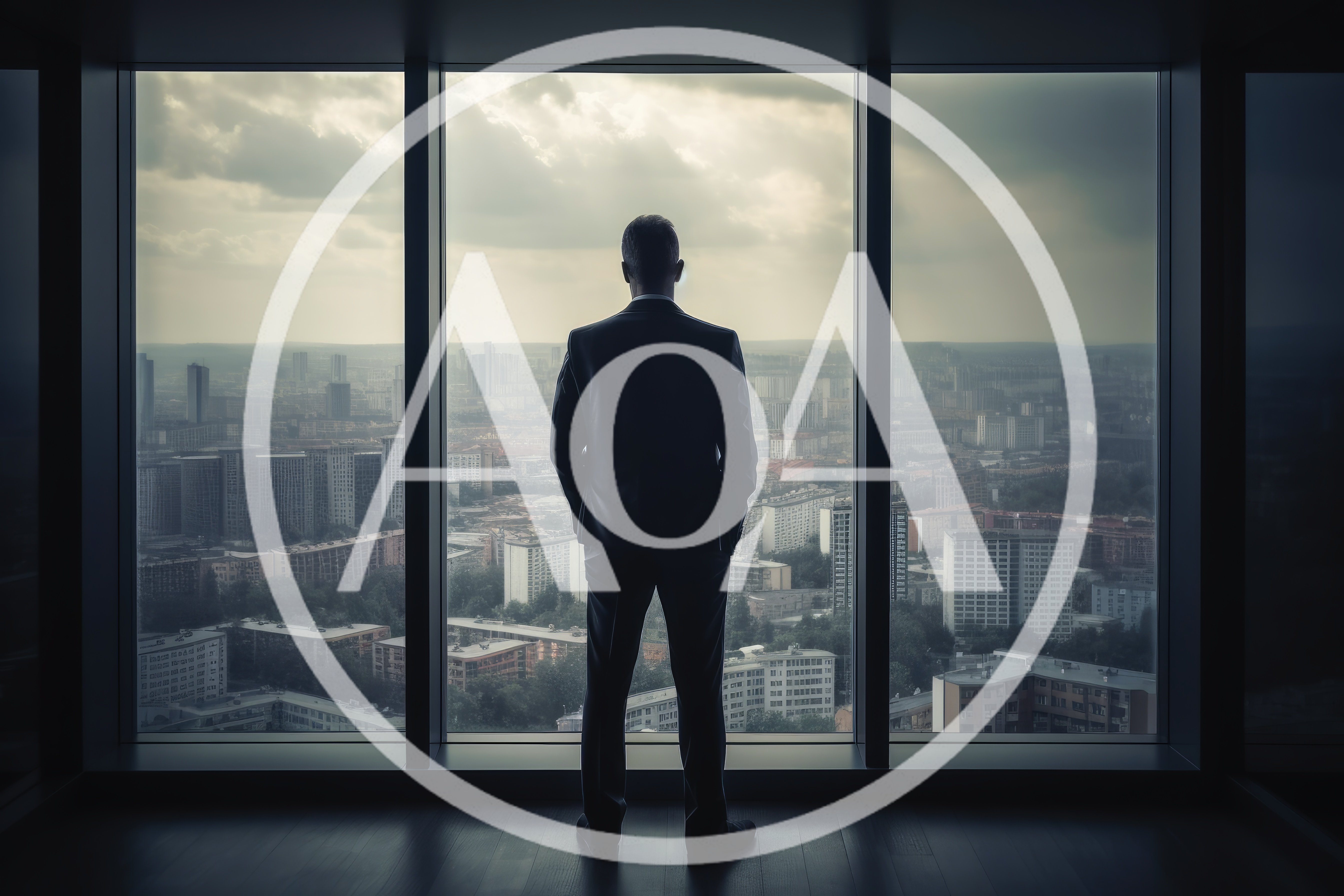 Businessman Standing Before Large Office Window Overlooking City