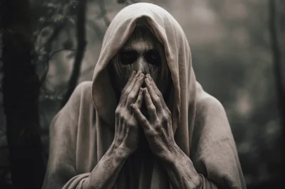 Eerie Figure In Hooded Robe With Darkened Face