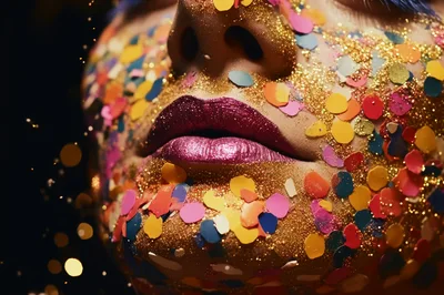 Close Up Of Face Covered In Gold Glitter And Confetti