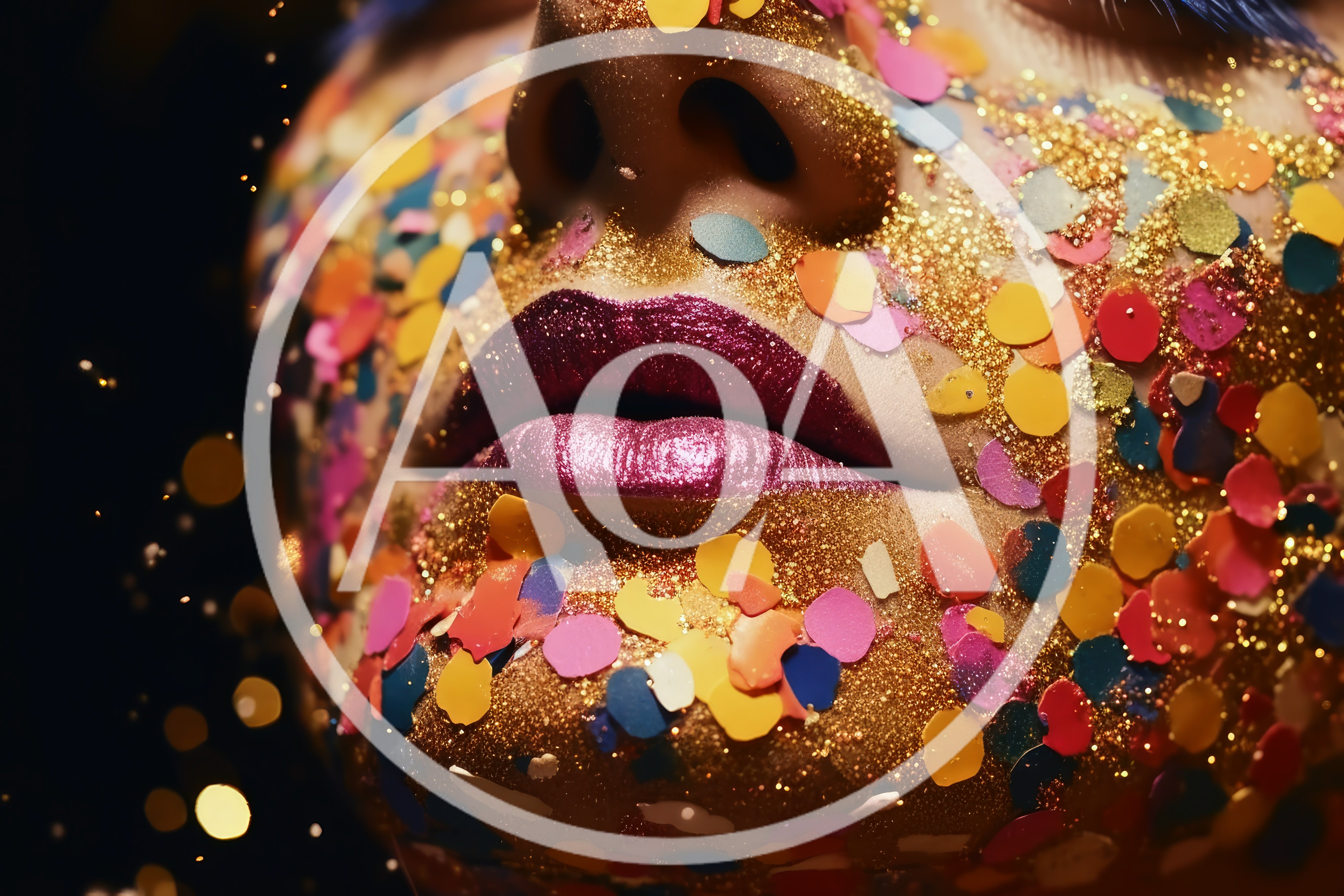 Close Up Of Face Covered In Gold Glitter And Confetti