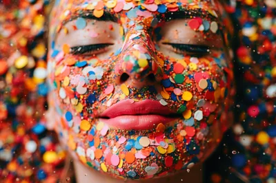 Woman Covered In Colorful Confetti And Glitter