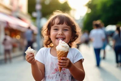 Happy Little Girl Eating Ice Cream Outdoors