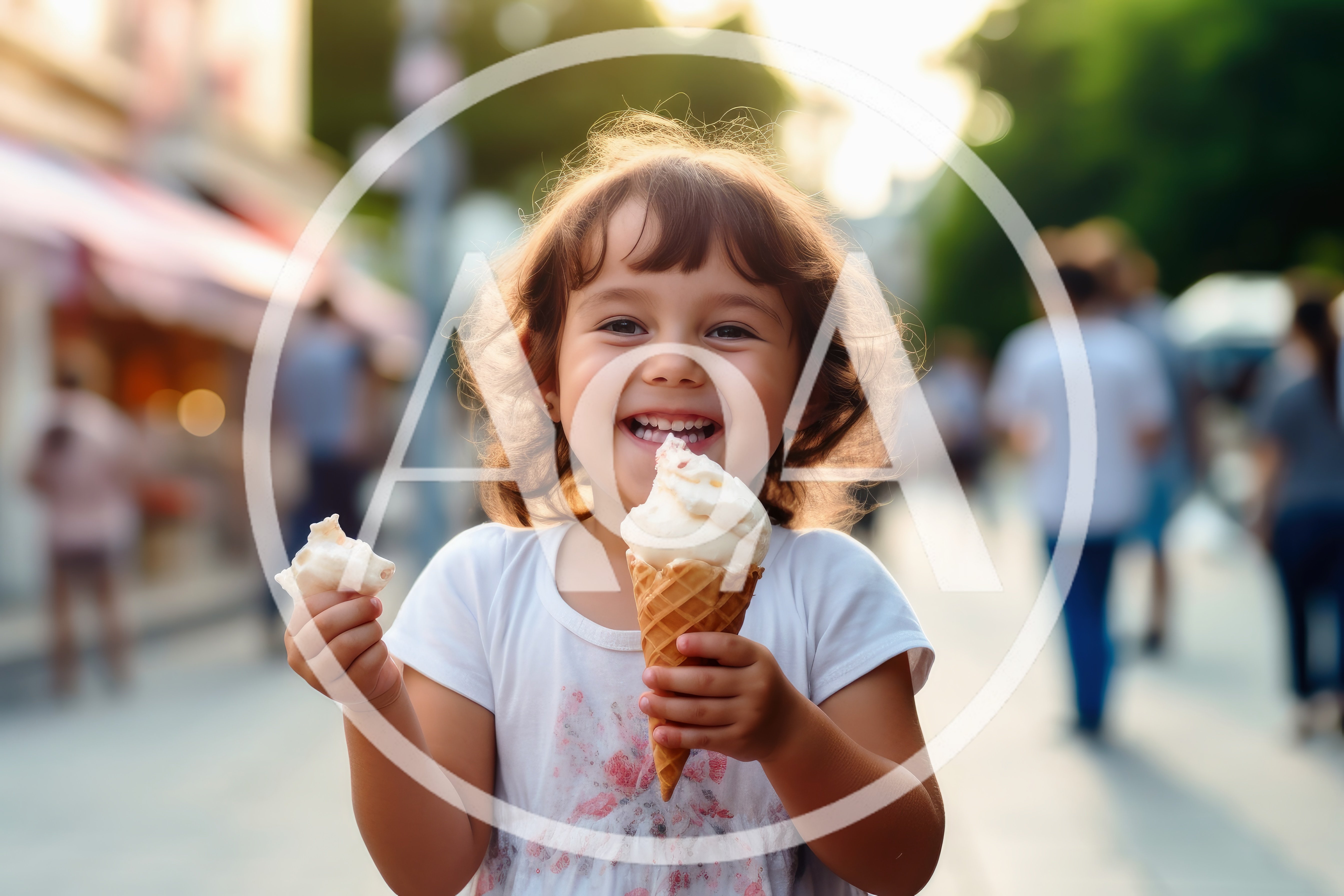 Happy Little Girl Eating Ice Cream Outdoors